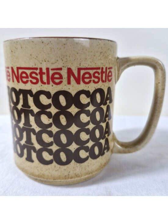 Vintage Nestlé Hot Cocoa Mug Speckled Stoneware Japan Brown Red Retro Text Chip